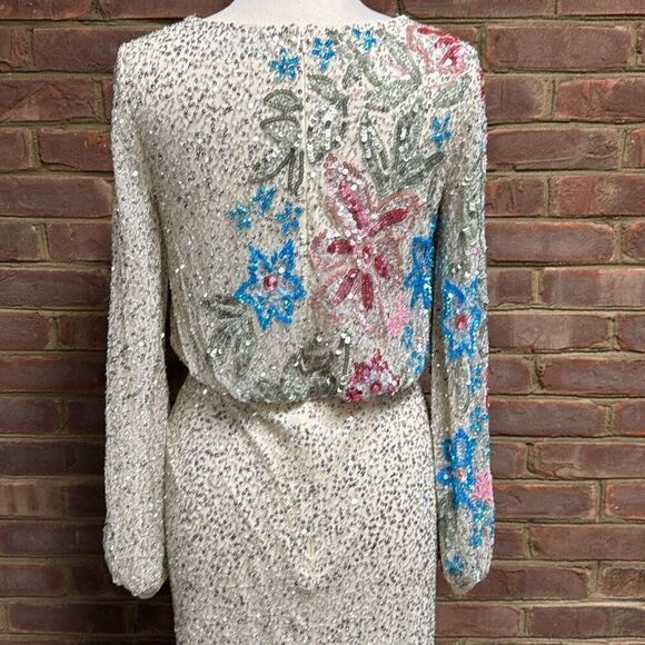 MAC DUGGAL Beige Embellished Floral High Neck Gown Size 8 - Picture 7 of 12